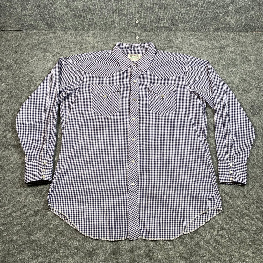 H Bar C California Ranchwear Mens Navy Gingham Pearl Snap Western Shirt 17.5x35